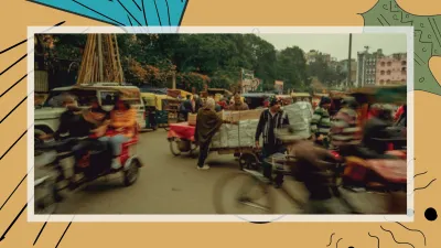 Banner photo showing bicycles, motorbikes and people moving through a busy intersection, many carrying packages, slightly blurred to show momentum. image linking to Seeding change: A feminist action research project addressing wage disparities and platform power in India