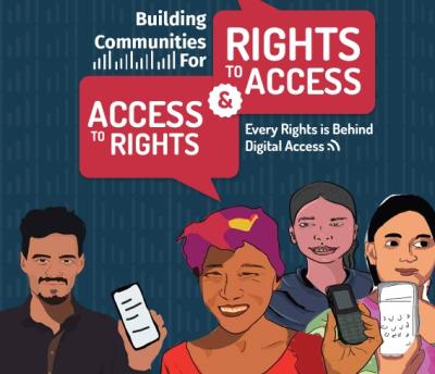 Image depicting different people of diverse genders holding mobile phones surrounded by signs that read "access to rights / rights to access".
