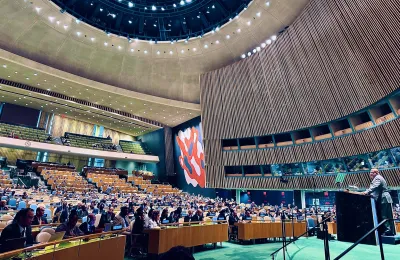 Image via UN GA President X account (https://twitter.com/UN_PGA/status/1717551257315876982) image linking to APC urges 119 governments to respect human rights and law at the UNGA emergency session on Gaza