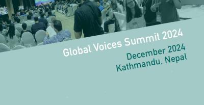 Image announcing the month and location of the Global Voices Summit 2024.with a background picture of people in a previous summit.